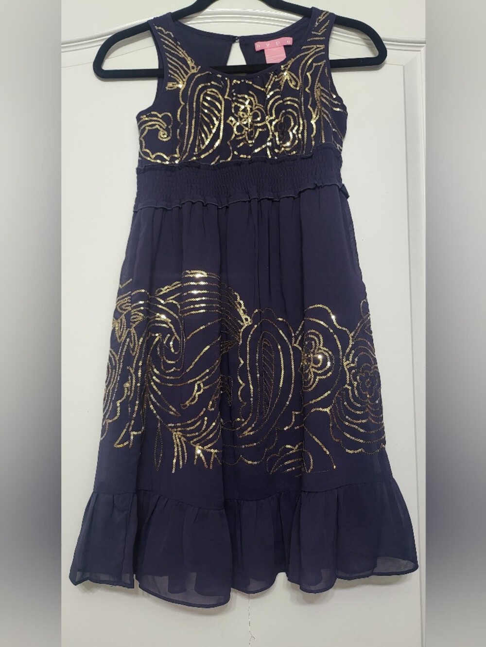 Hype Navy Dressy Midi Skirt with Gold Sequin Floral Accents